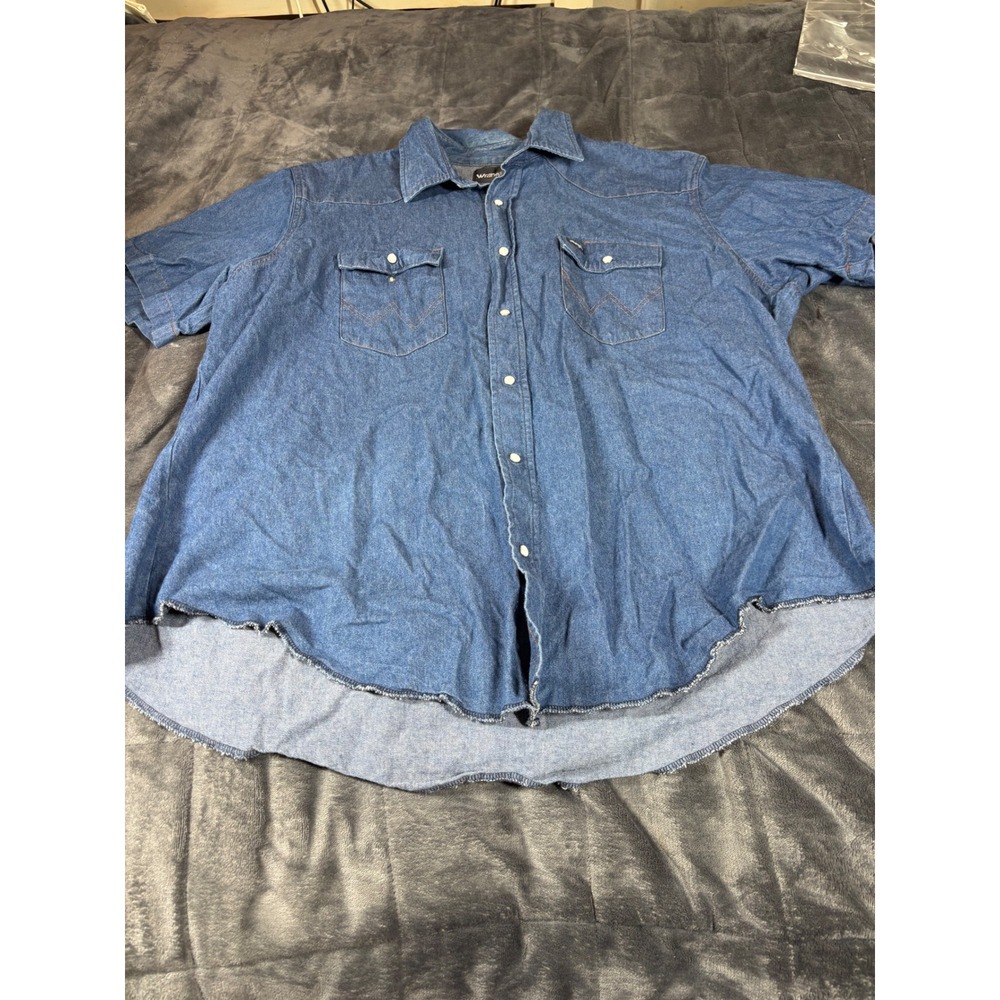 Wrangler Mens 2X Big Grande Fort Short Sleeve Denim Western Shirt Blue‎ Cotton